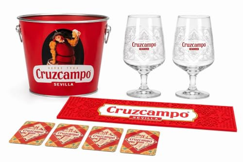 Cruzcampo Pint Glasses X2, 1x Ice Bucket Beer Lager, 1 x Rubber Bar Runner, 4 x Beer Mats Man Cave Set Roxley Super Bundle