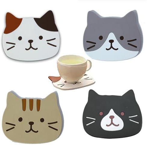 Pack of 4 Silicone Cat Coasters, Cute Cartoon Cats Cup Cup Rubber Mat, Decorative Glass Cup Pads, Wine, Glass, Tea Cup and Drink Pads