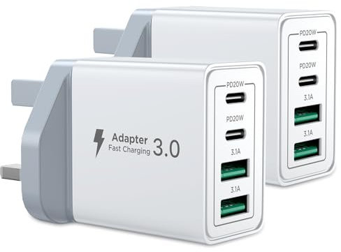 USB C Charger, 2-Pack 40W USB C Plug 4-Port Fast Charger Plug UK Dual Port USBC Power Adapter+QC Wall Charger Head Type C Charging Plug for iPhone 16 15 14 13 12 11 Pro Max Plus XS XR SE, iPad,Samsung