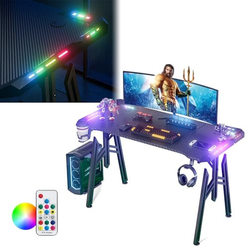 LZQ Bureau Gaming, LED, 120 x 60 cm, Table Gaming avec Porte-gobelet et Crochet pour Casque, Cadre en M, Ergonomique, avec Surface en Fibre de Carbone, pour Chambre à Coucher, étude, Noir