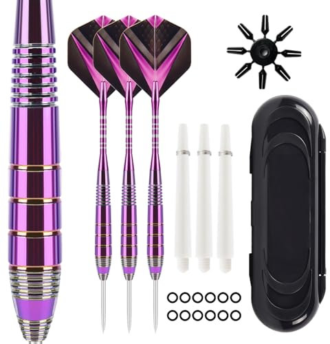 ZLFCypheria 3 stück Dartpfeile mit Metallspitze, Profi Steeldarts mit Metallspitze Steeldarts Set, mit 3 Flights 3 Aluminium Schaft 12 Anti-Lose Gummiringe, 1 Dart Case (Lila Phantom)