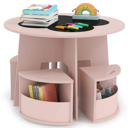COSTWAY Kindertisch und Stuhl Set rund, 5 teilige Kindersitzgruppe aus Holz mit 4 Stauraumhocker & Kreidetafel-Tischplatte, Maltisch für Kinderzimmer, Sitzgruppe für Kinder ab 3 Jahren (Rosa)
