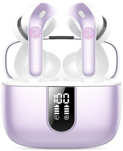 Auriculares Inalámbricos Bluetooth, Auriculares Bluetooth 5.3, 4 Mic con Reducción de Ruido ENC, 50H con Graves, Cascos Inalambricos Bluetooth IP7 Impermeable, Nouvelle Perle Violette