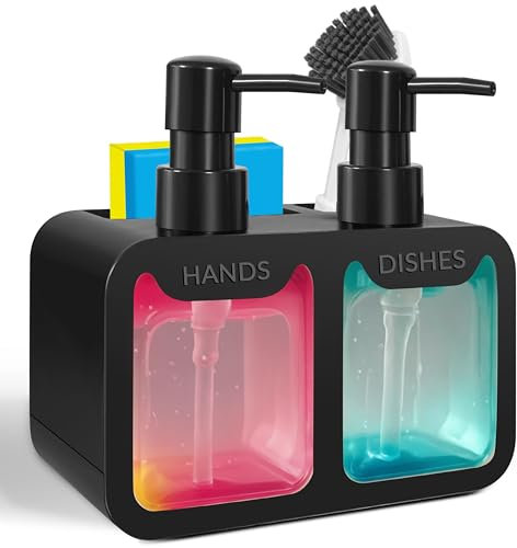 4-in-1 Kitchen Soap Dispenser Set - Dual Hand & Dish Soap Dispenser with Sponge Caddy & Brush Holder - Kitchen Sink Organizer for Countertop (Black)