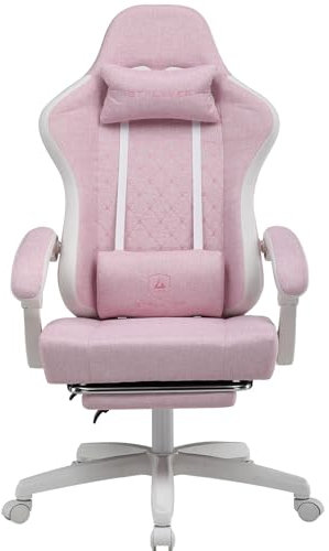 Fabric Gaming Chair with Footrest, Ergonomic Computer Desk Chair with Pocket Spring Cushion Home Office High Back Support Lumbar Support Heavy Duty Wide (Pink)