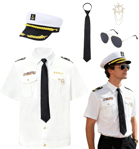 XEERUN Chemise de capitaine, costume de capitaine, costume de marin avec chapeau marine, chapeau de capitaine, lunettes, sifflet et insigne, Ensemble d'accessoires pour carnaval, fête à thème
