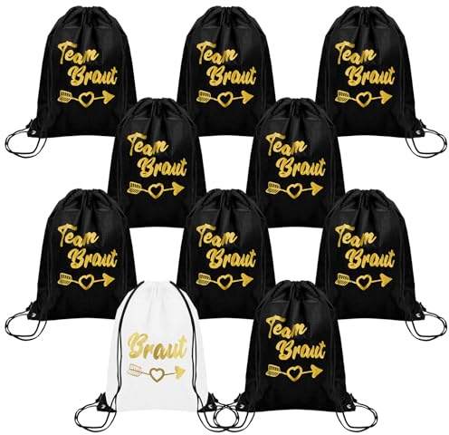 BORISCA 10 Stück Turnbeutel Jga Team Bride, 1 Weißes Team Bride Rucksack und 9 Schwarze Jga Frauen Turnbeutel mit Kordelzug, Bride Rucksack 34 * 42 cm für Junggesellinnenabschied und Hochzeitsfeier