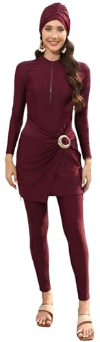 Women's Muslim Swimwear: Long Sleeve Burkini 3 Pieces Knot Front Hijab, Full Cover Modest Swimsuit Rash Guard Bathing Suit - Islamic Swimming Costume Red M