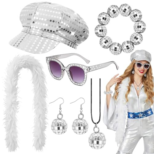 Vervora 6 PCS 70er Jahre Kostüm Damen Disco Kostüm Zubehör Set Disco Kugel Kostüm Accessoires mit Pailletten Mütze Federboa Stern Sonnenbrille Halskette Armband Ohrringe für Karneval Motto Party