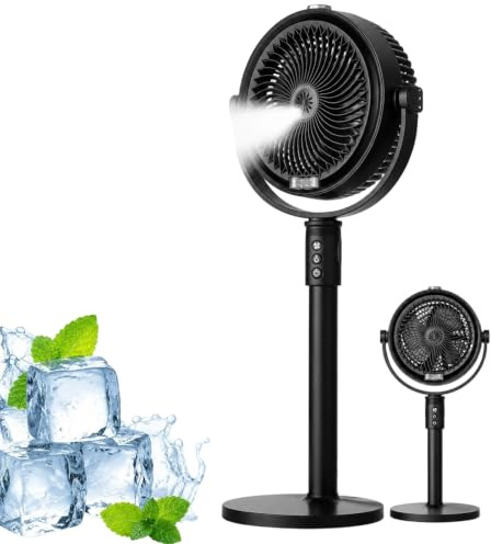 Misting Cooling Floor Fan with Remote Control, 4 Speeds & Wide Oscillation, Pedestal Standing Fan - Outdoor Water Mist Fan for Patio Garden Deck Backyard (Black)