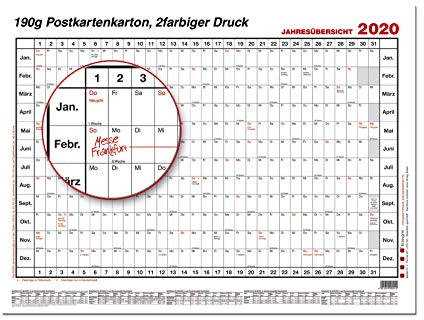 GÜSS Jahresübersicht 2020, Nr.: 5-1, Superformat, Tagesfeld: 3,7cm x5,1cm, Größe: 140cm x 84cm