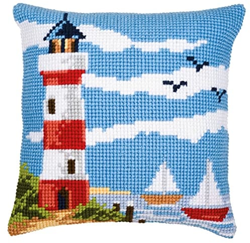 VERVACO Kreuzstich Stickpackungen Kissen Stickerei Set Anfänger Vorgedruckt Leuchtturm DIY Set Kreativ Set Für Erwachsene Dekoratives Kissen ca. 40 x 40 cm Bastelset Handwerker Haus Dekoration