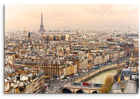 120x80cm Leinwandbild auf Keilrahmen Paris Stadt Häuser Seine Eiffelturm Wandbild auf Leinwand als Panorama