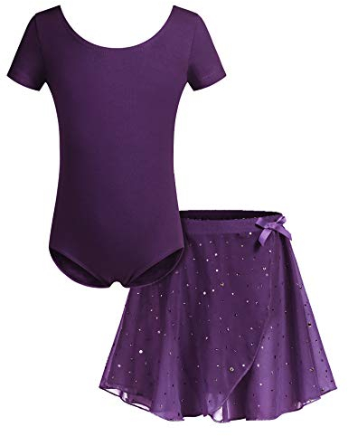 Bricnat Mädchen Ballettkleidung Baumwolle Ballettkleid Tanzbody Gymnastikanzug Balletttrikot Kurzarm Tanzkleid mit Tütü Kinder 5 Jahre Lila 140