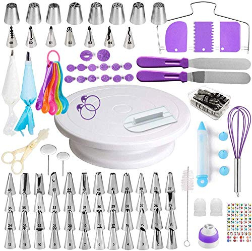 WINIAER Cake Decorating Supplies Kit for Beginners, Set of 137, Baking Pastry Tools, 1 Turntable stand-55 Numbered Icing Tips with Pattern Chart, Angled Spatula, 8 Russian Piping nozzles-Baking Tools