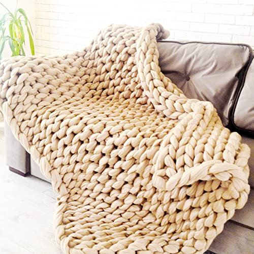 VanderHOME Decke Gestrickte Super Weiche Kuscheldecke Handgefertigt Grobe Strickdecke Grobstrick Decke Gestrickte Decke Wolldecke Couchdecke Flauschige weihnachtsdeko (Beige,80×80cm)