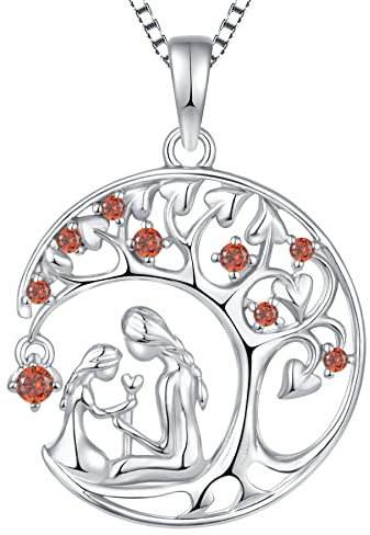 YL Collier Mère et Fille Janvier Pierre de naissance Grenat Pendentif Arbre de Vie en Argent 925 pour Femme Maman