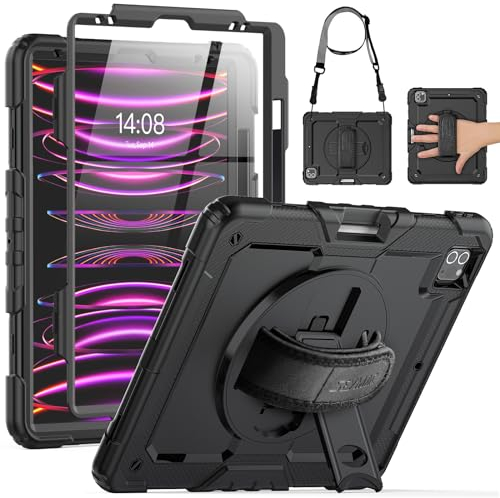SEYMAC Hülle für iPad Pro 12.9 Zoll 2022/2021/2020/2018 (6./5./4./3. Generation) Stoßfeste Hülle mit 360° drehbarer Handschlaufe/Ständer/Verstellbarer Schultergurt/Displayschutz/Stifthalter, Schwarz