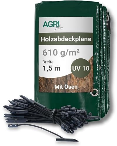 AGRI plus Holzabdeckplane 1,5 x 15 m - mit Ösen & 70 Planenspanner I 610 g/m² PVC Gewebeplane mit ringsum Randverstärkung I Holzplane für langfristige Abdeckungen I Wetterfest & 10 Jahre UV-beständig