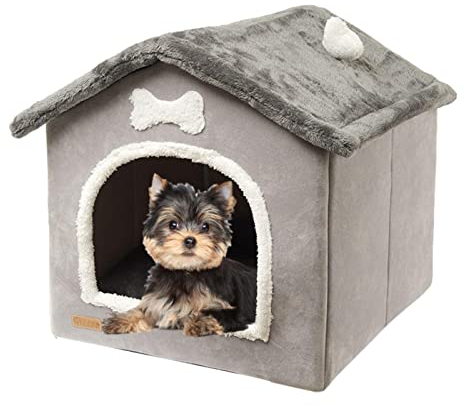 Faltbares Hundehaus Hundehütte Bett, Indoor Hundehaus Warm Hundebett, Plüsch Haustier Haus Hund Katze Zwinger mit abnehmbarem Kissen, geeignet für kleine und mittelgroße Hunde und Katzen