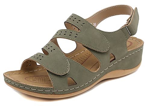 SMajong Sandali Donna Ortopedico Con Strappo Adjustable, Estivi Leggere Comode in Cuoio Artificiale, Zeppa Vintage Moda Scarpe Versatili, Verde 44 EU