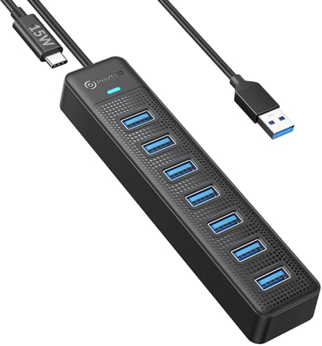 PHIXERO 7 Port USB Hub, USB 3.0 Hub USB Verteiler mit 15W USB C Power Port, Super Speed 5Gbps Datenhub, Kompatibel mit Allen USB Port Geräten (15CM Cable, 7 Port)