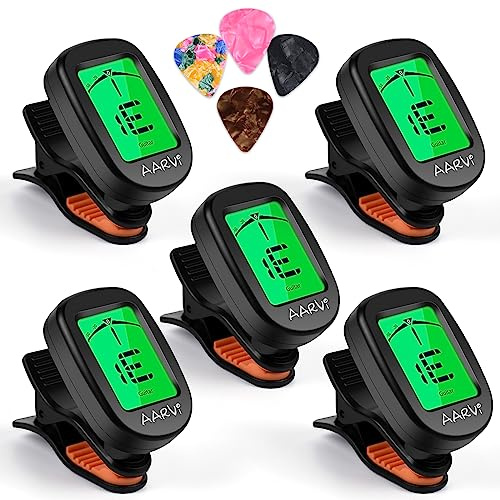 Clip-On-Gitarren-Stimmgerät, 5 Stück, für alle Instrumente, Akustik-/E-Gitarre, Ukulele, Bass, Violine, Banjo, großes klares LCD-Display für Gitarren-Stimmgerät, chromatisches Stimmgerät, 20 Stück