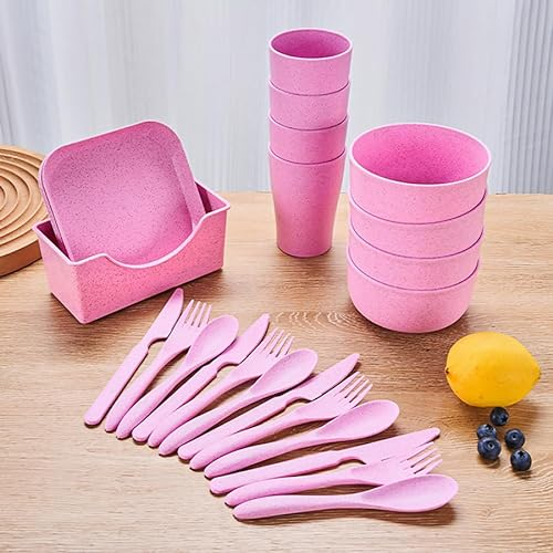 OriGlam 25pcs Plates and Bowls Set, Plastic Dinnerware Set for Picnic, Party, Camping - Microwave Safe (Pink)