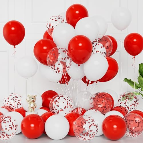 Red White Balloons - 50pcs 12Inch with Red Confetti for Boy Birthday, Baby Shower, Wedding, Party, Anniversary, Carnival, Christening, Engagement, Graduation Decorations
