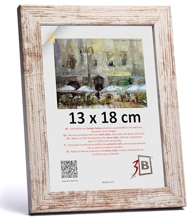 3-B Bilderrahmen HIT - Weiß Rustikal (optisch gealtertes Weiß mit sichtbarer Holzmaserung) - 13x18 cm - Holzrahmen, Fotorahmen, Portraitrahmen mit Acrylglas