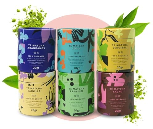 Matchaflix | Pack de Té Matcha Premium, Té Matcha Vainilla, Té Matcha Arándanos, Té Matcha Jengibre, Té Matcha Cacao y Té Matcha Coco | Pack Sabores | Té Verde en Polvo | Regalos Matcha
