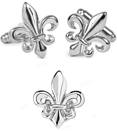 Ensemble Boutons de Manchette et Pin's Fleur de Lys | Bouton de Manchette Argenté Classique | Cadeau Chemise de Mariage pour Homme | Pins Epinglette Hommes | Manche Mousquetaire Broche Française Luxe