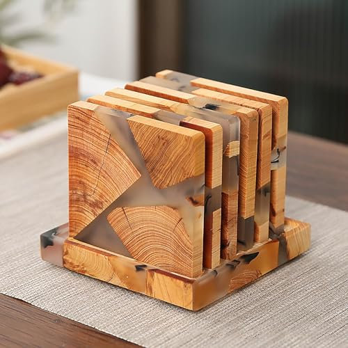 Runde/Platz Untersetzer für Gläser 6er Set inkl, Halter, Design Glasuntersetzer aus Holz/Epoxidharz, Glasuntersetzer, Untersetzer Holz, Edle Tischuntersetzer für Getränke, Tassen, Bar (Quadratisch)