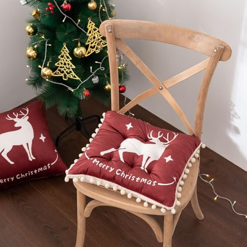 Hixingo Sitzkissen Cozy mit Haltebändern, Weiche Stuhlkissen Waschbar Sitzkissen Stuhl, Frohe Weihnachten Bodenkissen für Indoor und Outdoor, 40x40cm (Elch)