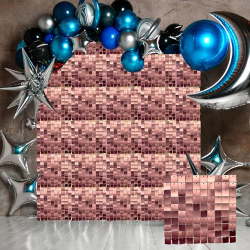 Trimming Shop 24pcs Metal Rose Gold Shimmer Sequin Wall Panels, Reflective Square Backdrop Panel for Wedding Decoration, Birthday Party, Bridal Shower, Prom, Club & Event Décor, 30cm x 30cm