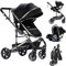 Reenborn Kinderwagen 3 in 1, Buggy mit Zwei Umkehrbaren Schiebemodi, Kinderwagen mit Rahmen Aluminiumlegierung, Kinderwagen 3 in 1 Komplettset mit Ein-Klick-Faltdesign Hohe Landschaft (739 Black)