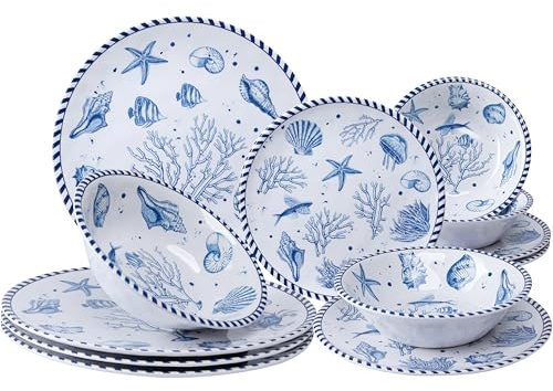 LEHAHA 12-Piece Coastal Melamine Dinnerware Set Service for 4, Unbreakable & Lightweight Round Plates and Bowls Set, Outdoor Dish Set for Patio, Camper, RV, Indoor Outdoor Use with Ocean Printed