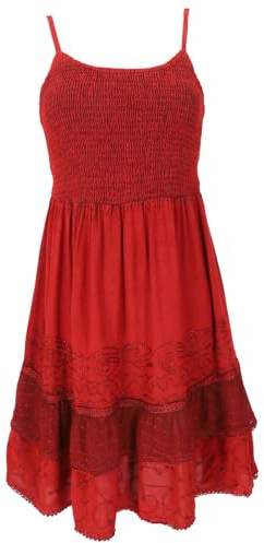 GURU SHOP Besticktes Boho Kleid, Sommerkleid, Minikleid, Viskose | Lockere Passform, verstellbare Träger, dezente Stickereien, Spitzenbordüre, vorteilhafte Länge bis übers Knie
