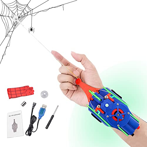 BDSHGRDH Spinnennetz-Werfer, Spider String Shooter for Kinder, USB-Lade-Seilwerfer mit Magnet und Saugnapf, Super Hero Cosplay Launcher Armschienen-Zubehör(Blue)