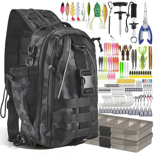 Angelrucksack mit Boxen, 208-teiliges Angelwerkzeug-Set Inklusive Angelzangen, Ködern, Fischhakenentferner und Lip Gripper, 900D Oxford-Gewebe Wasserabweisende Angelgerätetasche mit verstellbarem Fach