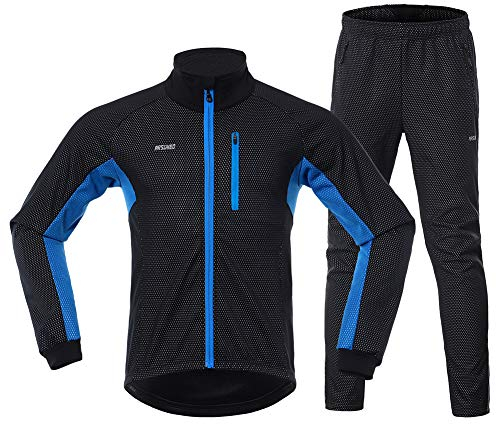 GITVIENAR Fahrrad Trikot Set Winter, Radjacke +Lange Radhose Wasserdicht Winddicht Atmungsaktiv Reflektierend Warm Fleece Fahrradbekleidung Set Radtrikot Herren Damen (Blau, L)