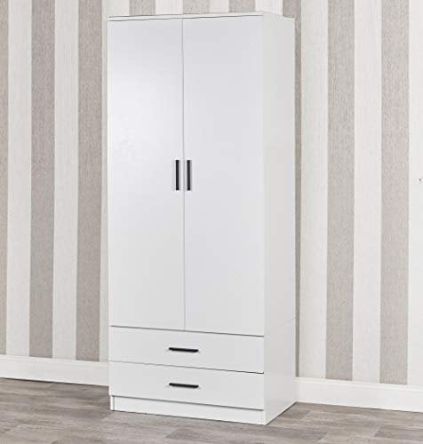URBNLIVING Tall Wooden 2 Door Wardrobe With 2 Drawers Bedroom Storage Hanging Bar Clothes (White Carcass + White Drawers)