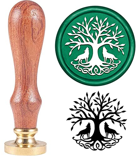 SUPERDANT Baum des Lebens Wachssiegelstempel 2 Heulender Wolf Unter Baum Wachsstempel 30 mm Siegelstempel Mit Abnehmbarem Messingkopf Holzgriff Für Party Hochzeitseinladung Grußkarte