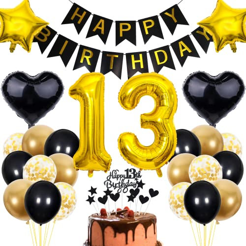 Cnrose 13. Geburtstag Dekoration - Schwarz Gold Party Deko für Junge und Mädchen - Tortendeko für 13 Jahre