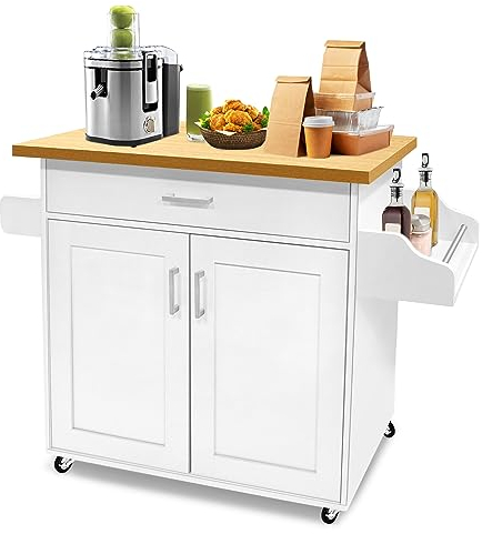 YRHome Bewegliche Kücheninseln Küchenwagen mit Gewürzboard & Handtuchhalter & Schublade Küchenwagen auf Rollen Küchenschrank mit Arbeitsplatte aus Holz Küchentrolley Servierwagen 115 x 36 x 90 cm Weiß