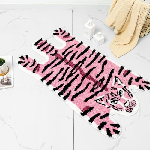 YulyreZome Tiger Badematte für Badezimmer, lustiger niedlicher rosa Tiger, Cartoon-Badezimmerteppich, rutschfest, Tier-Fußmatte, waschbar, saugfähig, Badewanne, Plüsch, Mikrofaser, Dekor,