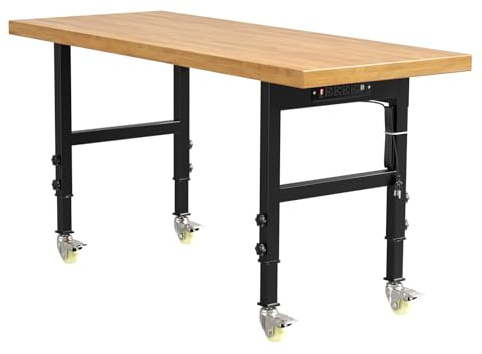 60” Heavy-Duty Solid Wood Work Bench Work Table with Wheels, Adjustable Height Portable Workbench with Power Outlets, 3000 Lbs Capacity Workstation for Garage, Workshop
