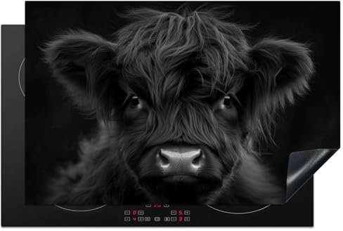 KitchenYeah© Herdabdeckplatte 80x52 cm Einteilig Induktionsmatte Küche Abdeckung Ceranfeld Herd Abdeckplatte Deko Vinyl Matte Aufrollbar Schottisches Hochlandrind - Schwarz - Kalb - Kuh