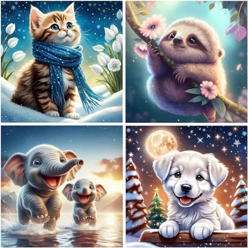 WHATWEARS 4 Stück Diamond Painting Set für Erwachsene, Diamond Painting Bilder Tiere - Katze/Koala/Elefant/Hund, DIY 5D Diamond Malerei für House Wall Dekoration(30x30cm)
