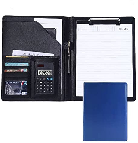Business Conference Leather Foldover Folder, Binder Folder Storage Clipboard with Refillable Lined Notepad for School Side Straps Document Organizer(Blue,8digit Calculator)